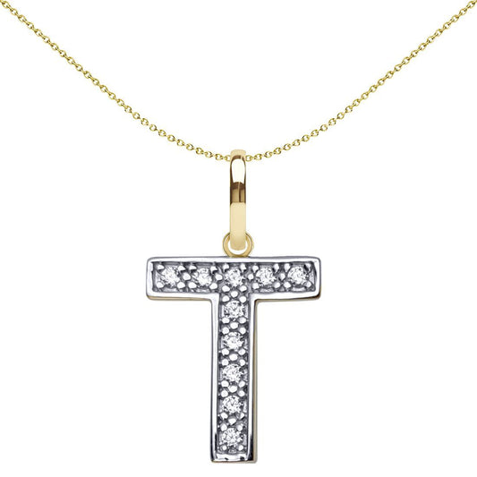 9ct 2-Colour Gold CZ 15mm Block Font Initial Pendant Letter T - JIN022-T