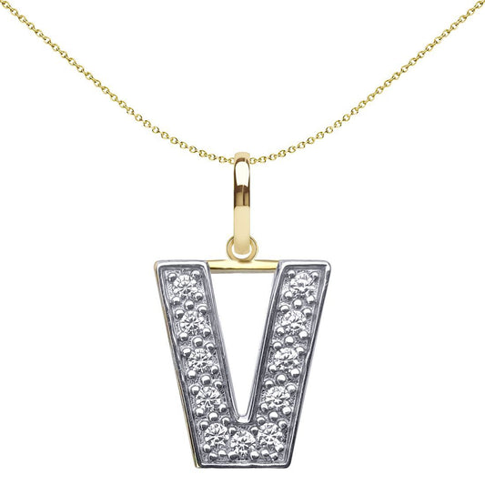 9ct 2-Colour Gold CZ 15mm Block Font Initial Pendant Letter V - JIN022-V