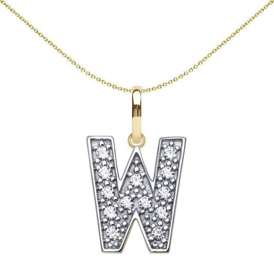 9ct 2-Colour Gold CZ 15mm Block Font Initial Pendant Letter W - JIN022-W
