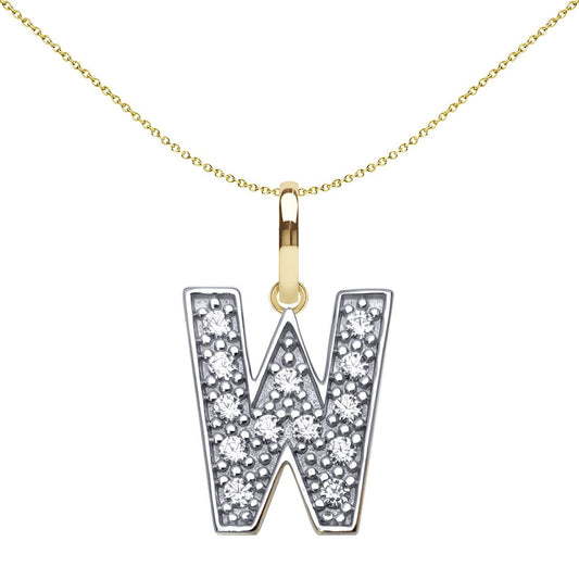 9ct 2-Colour Gold CZ 15mm Block Font Initial Pendant Letter W - JIN022-W