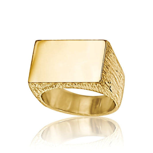 Mens 9ct Gold Engravable Barked Initial Blank Plate Signet Ring - JIR009