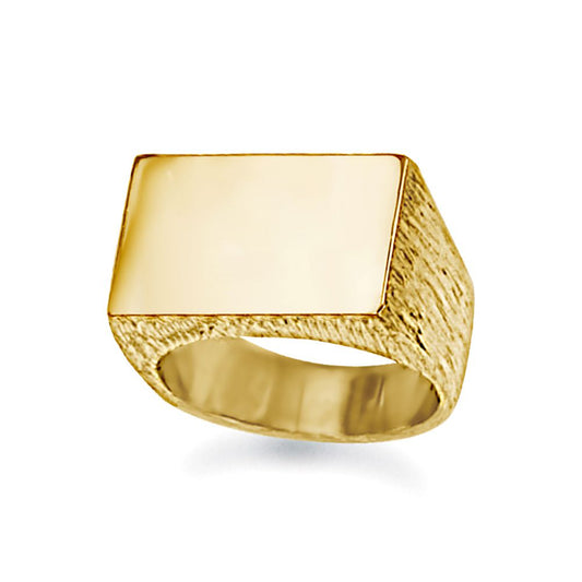 Mens 9ct Gold Engravable Barked Initial Blank Plate Signet Ring - JIR009