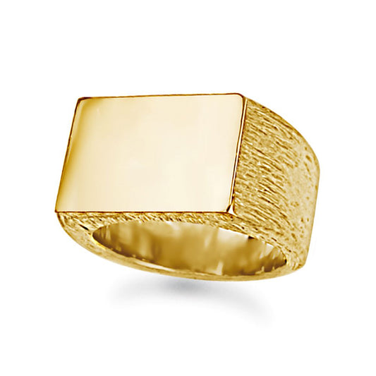 Mens 9ct Gold Engravable Barked Initial Blank Plate Signet Ring - JIR010