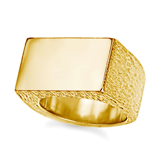 Mens 9ct Gold Engravable Barked Initial Blank Plate Signet Ring - JIR011