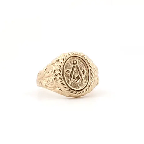 Mens Solid 9ct Gold Rope Edge Carved Oval Masonic Ring - JMS014