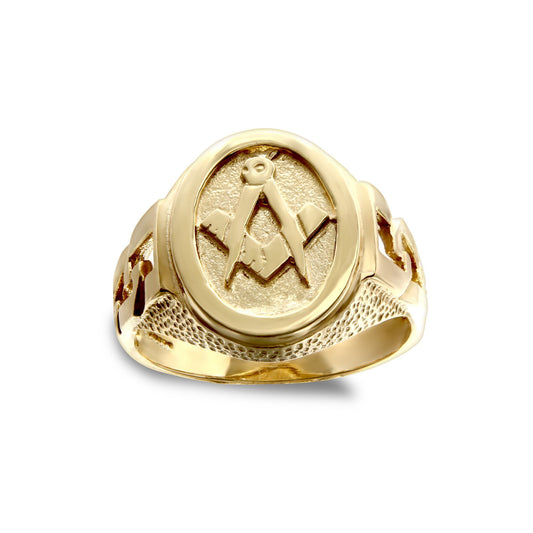Mens Solid 9ct Gold Curb Links Oval Masonic Ring - JMS015