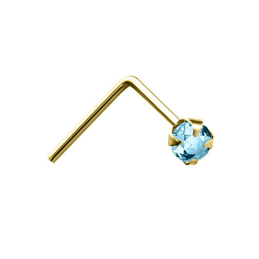 9ct Gold Aqua Blue Crystal Solitaire Claw Set Nose Stud 2mm - JNS053
