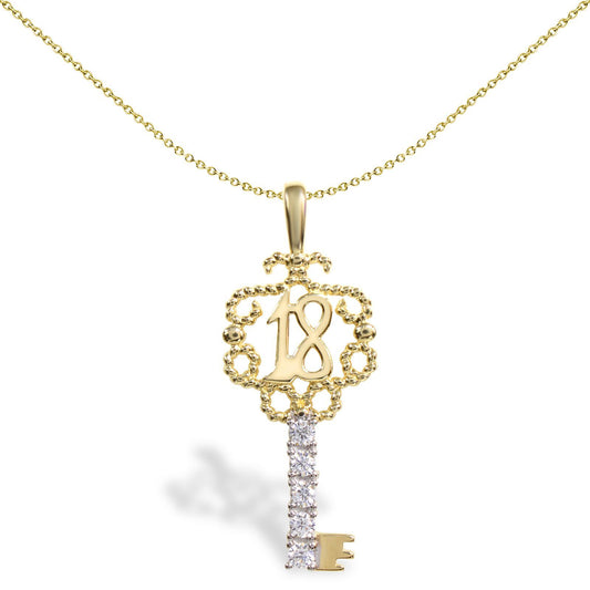 9ct 2-Colour Gold CZ 18 Birthday Key Charm Pendant - JPD207