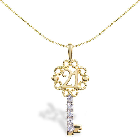 9ct 2-Colour Gold CZ 21 Birthday Key Charm Pendant - JPD208