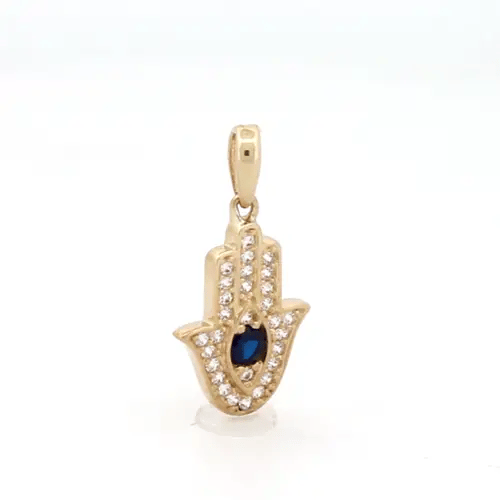 9ct Gold Blue CZ Hamsa 5 Hand Charm Pendant - JPD588