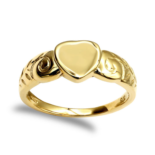 Ladies Solid 9ct Gold Floral Scroll Heart Signet Ring - JRN004