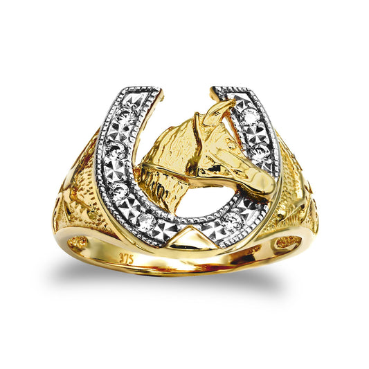 Mens 9ct Gold CZ Horse Head Horseshoe Ring - JRN045