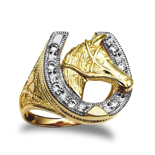 Mens 9ct Gold CZ Horse Head Horseshoe Ring - JRN046