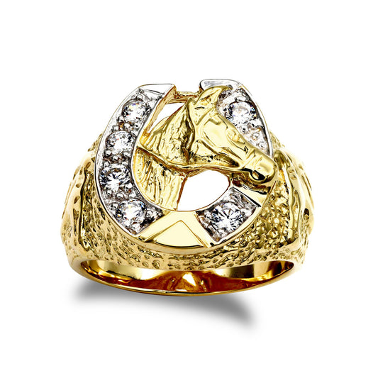 Mens 9ct Gold CZ Horse Head Horseshoe Ring - JRN047