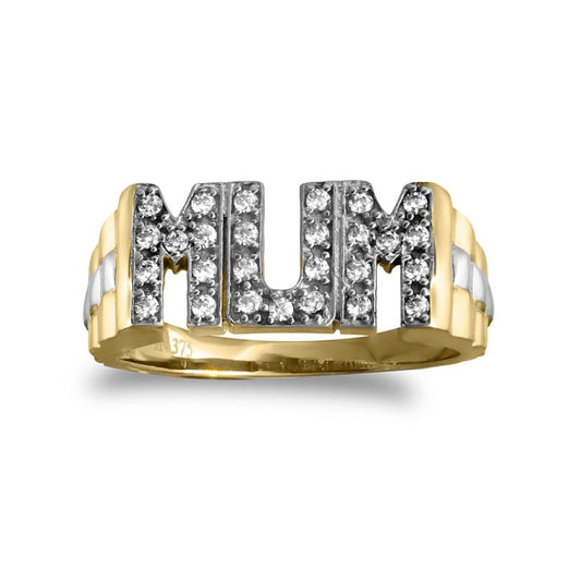 9ct Gold CZ Brick Link Sides Pave MUM Ring - JRN124