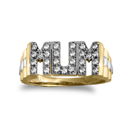 9ct Gold CZ Brick Link Sides Pave MUM Ring - JRN124