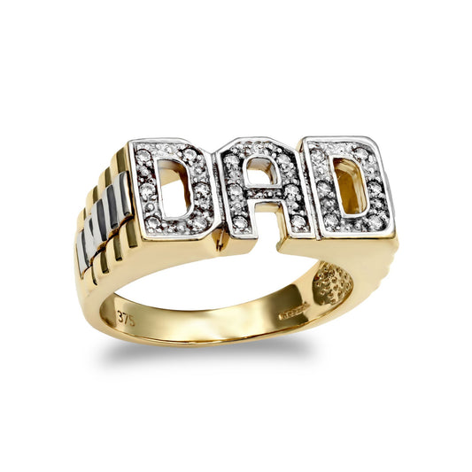Mens 9ct Gold CZ Brick Link Sides DAD Ring - JRN133
