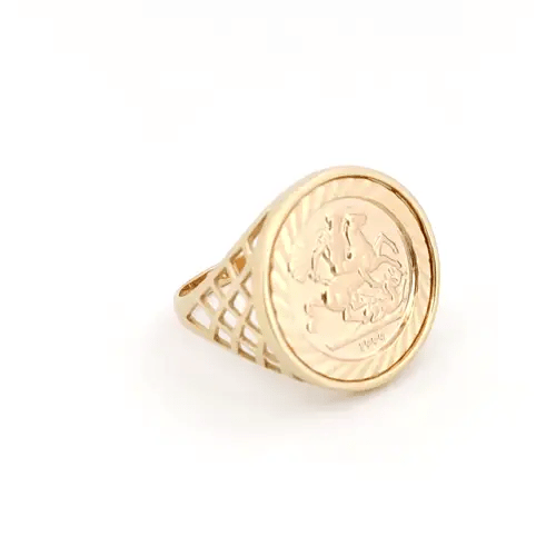 9ct Gold St George Dragon Slayer Basket 10th-Krugerrand-Size Ring - JRN164