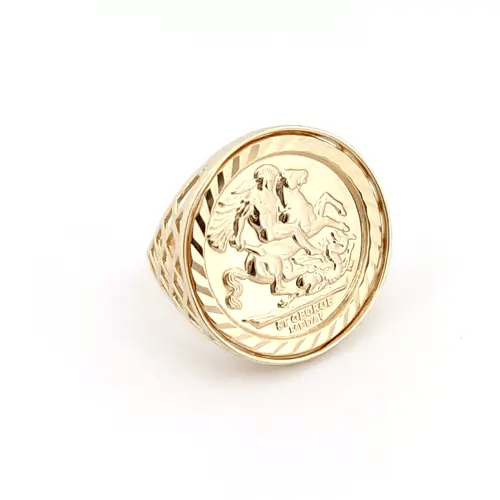 9ct Gold St George Dragon Slayer Basket Full-Sovereign-Size Ring - JRN166