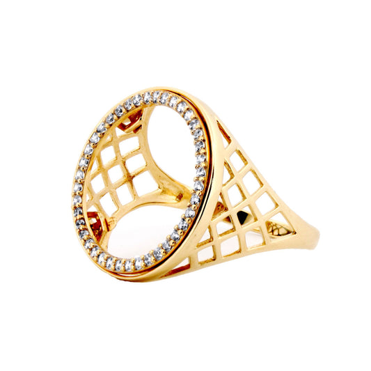 9ct Gold CZ Halo Circle of Life Half Sovereign Coin Mount Ring - JRN168-H-CZ