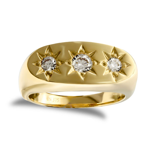 Mens 9ct Gold CZ Star Set 3 Stone Trilogy Gypsy Ring - JRN197