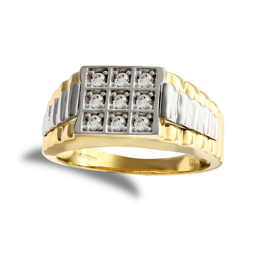 Mens 9ct 2-Colour Gold CZ 9 Stone Square Cluster Signet Ring - JRN204