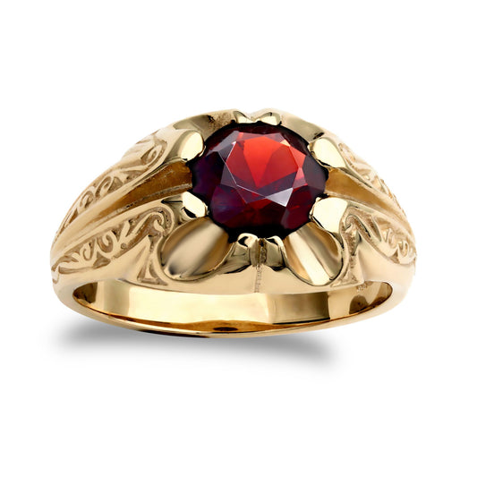 Mens 9ct Gold Garnet Solitaire Carved Gypsy Ring - JRN212