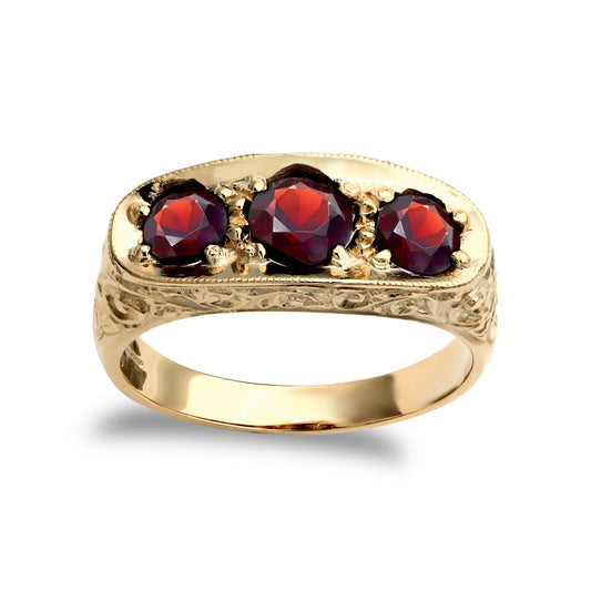 Mens 9ct Gold Garnet 3 Stone Trilogy Carved Gypsy Ring - JRN216