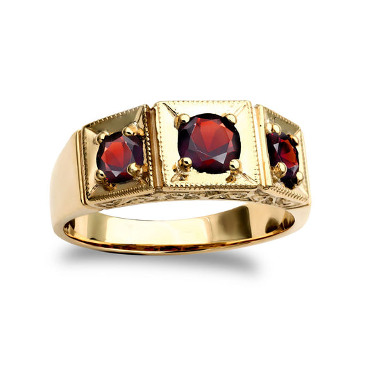 Mens 9ct Gold Garnet 3 Stone Trilogy Carved Gypsy Ring - JRN217