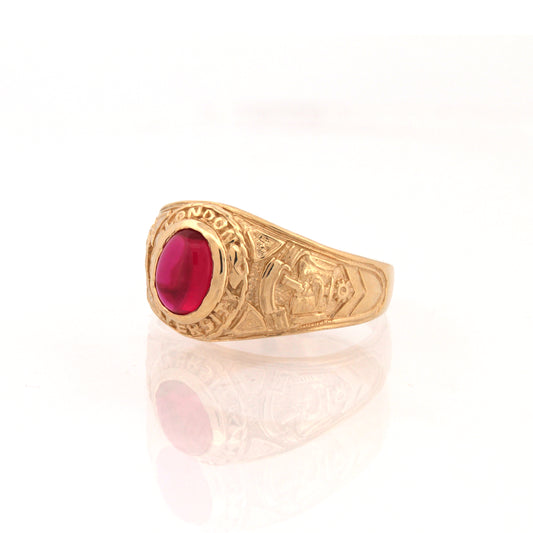 Mens 9ct Gold Ruby-Red Oval Cabochon CZ University College Ring - JRN341