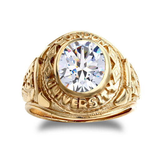 Mens 9ct Gold Oval CZ Solitaire University College Ring - JRN344