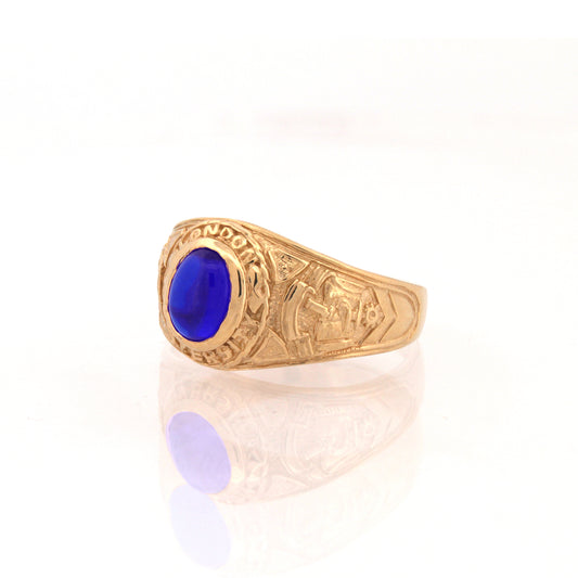 Mens 9ct Gold Sapphire-Blue Oval CZ University College Ring - JRN345