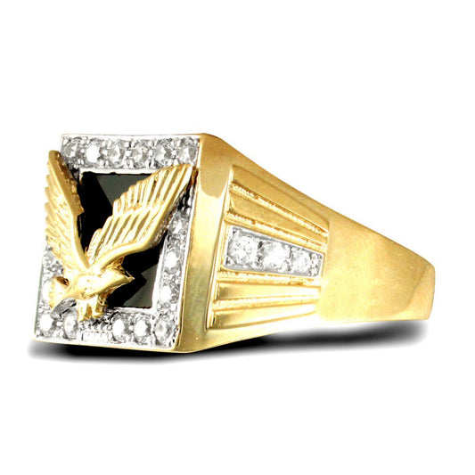 Mens 9ct 2-Colour Gold Black Onyx CZ Pave Eagle Signet Ring - JRN431