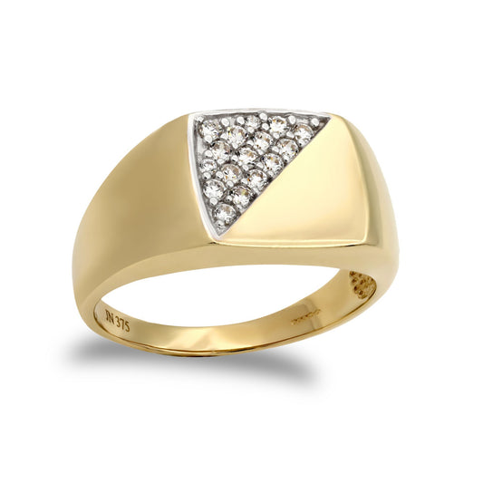 Mens 9ct Gold CZ Pave Square Cushion Signet Ring - JRN460