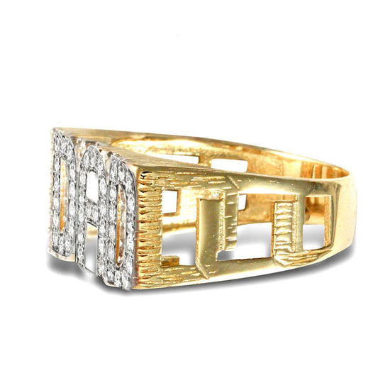 Mens 9ct Gold CZ Curb Link Sides DAD Ring - JRN502