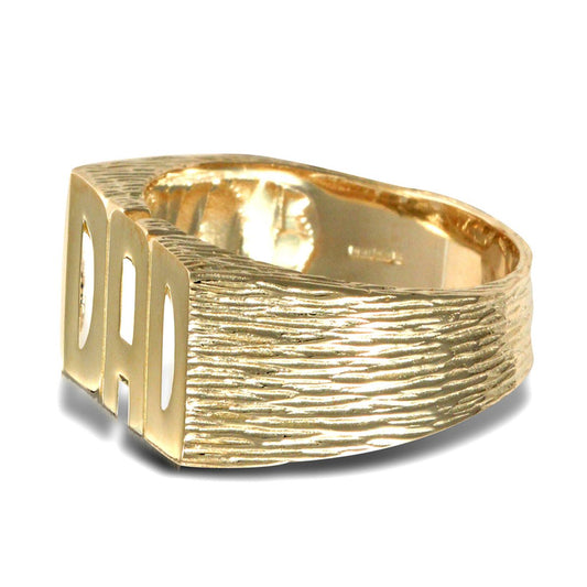 Mens Solid 9ct Gold Barked Sides DAD Ring - JRN503
