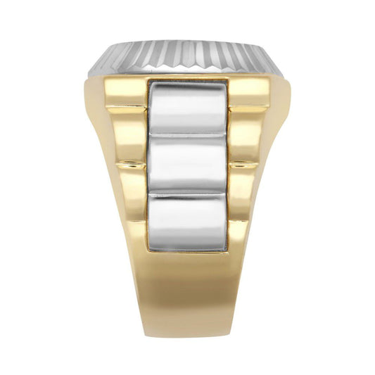 Mens 9ct 2-Colour Gold CZ Fluted Bezel Watch Strap Cluster Ring - JRN570