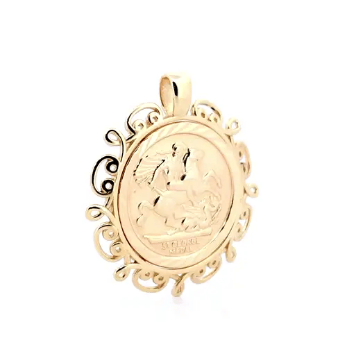 9ct Gold Scroll Frame St George Pendant (Half Sov Size) - JSP003-H