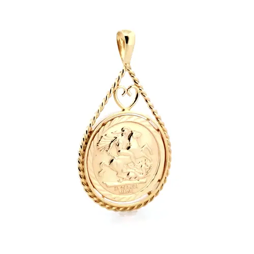 9ct Gold Heart Teardrop Rope St George Pendant (Half Sov Size) - JSP012-H