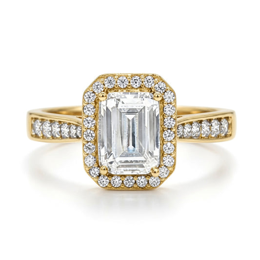 9ct Gold Emerald Cut Lab Created Diamond Halo Travel Ring 1.00CT - LABJRN607