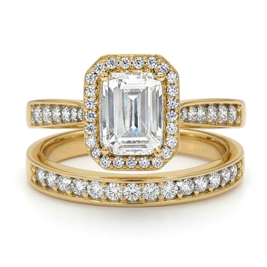 9ct Gold Emerald Lab Created Diamond Halo Travel Bridal Rings - LABJRN607+609