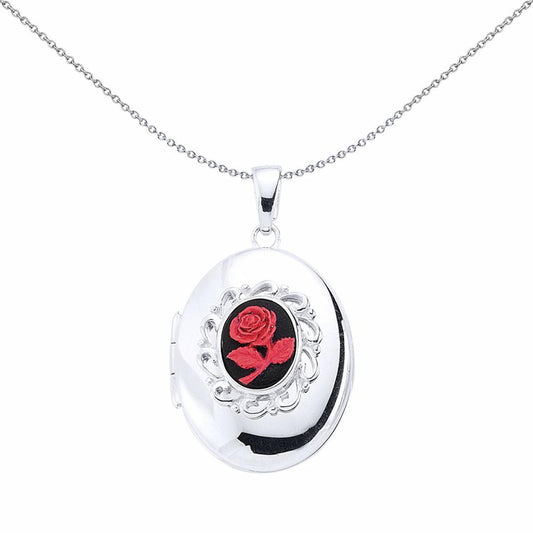 Sterling Silver Red & Black Enamel Rose Locket Pendant - LK16
