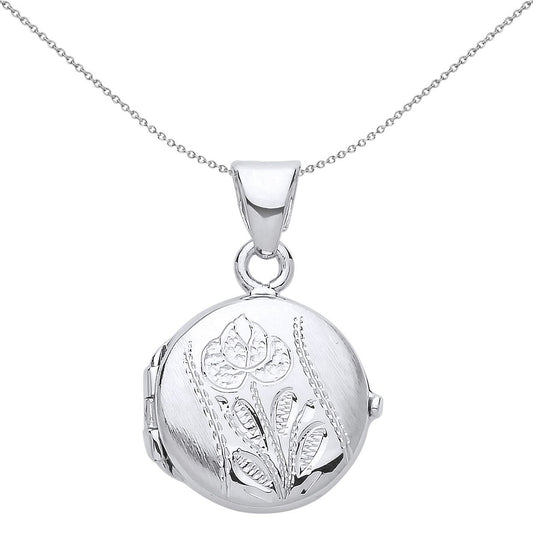 Silver Brushed Flower Round Photo Locket Flower Pot Pendant - LK51