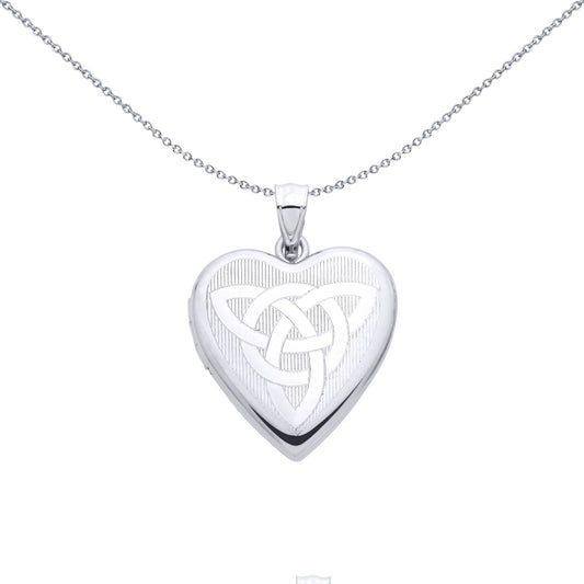 Silver Triquetra Trinity Knot Engine Turned Heart Locket Pendant - LK84