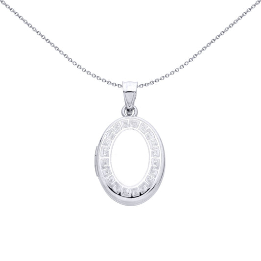 Silver Greek Key Meander Frame Oval Shaped Locket Pendant - LK86