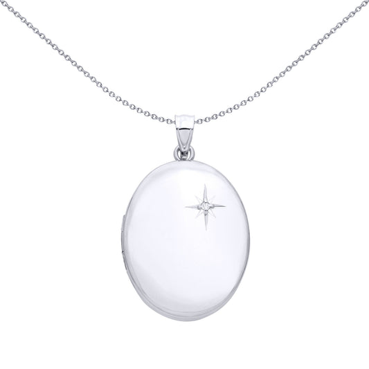 Silver CZ Twinkling Star-set Mirror Finish Oval Locket Pendant - LK89