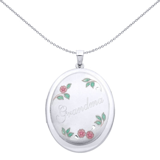 Silver Matte Stitched Water Colour Flowers Grandma Locket Pendant - LK93