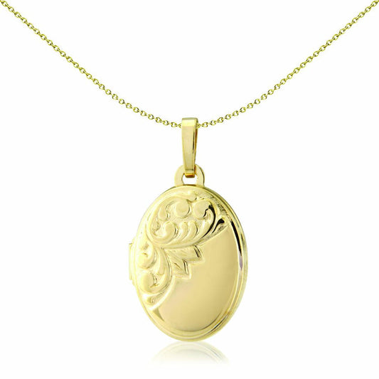 Ladies 9ct Gold Floral Motif Engraved Oval Locket Pendant 15x11mm - LKNR02206