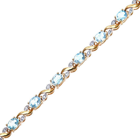 9ct Gold Diamond Oval 5.81ct Blue Topaz Kiss Tennis Bracelet - PBCAXL01193YBT