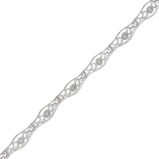 9ct White Gold Round 6pts Diamond Filigree Cluster Bracelet - PBCAXL02047W